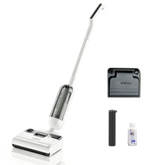A white and silver wet vacuum cleaner shown with its accessories on a clean white background, including a floor head, handle, charging dock, cleaning brush, and a small bottle of liquid.