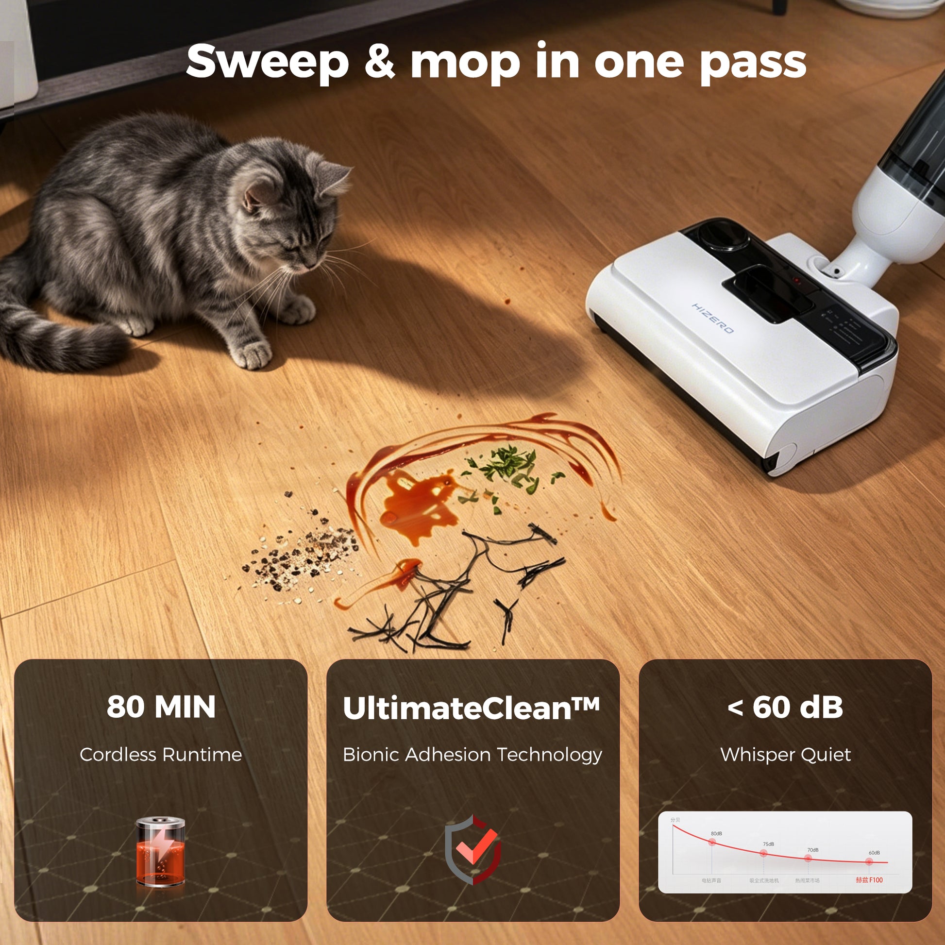 A white and black cordless floor cleaner is shown on a wooden floor next to a gray tabby cat, with text reading 'Sweep & mop in one pass' and three feature callouts below: 80 min cordless runtime, UltimateClean bionic adhesion technology, and whisper quiet operation.