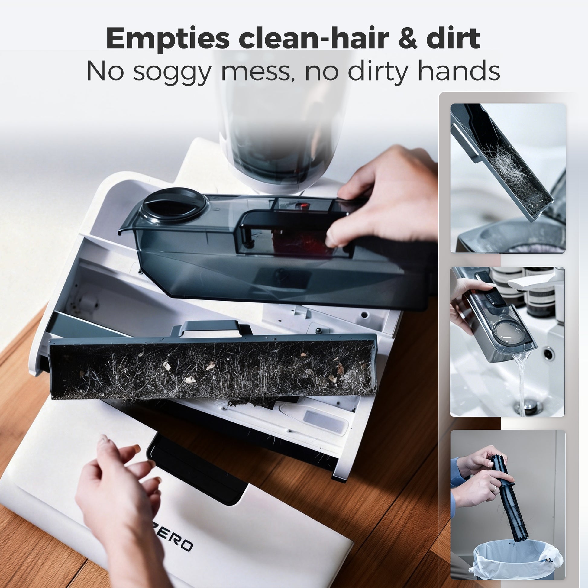 A white and dark gray vacuum cleaner shown with a person removing a clogged hair filter, accompanied by text reading 'Empties clean-hair & dirt' and three inset close-up panels showing the filter buildup and cleaning.