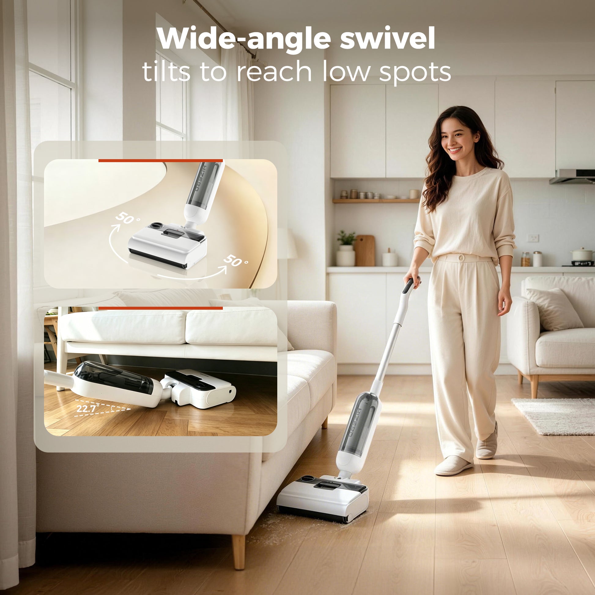 A woman in a beige lounge set cleans a hardwood floor in a bright, modern living room. The image includes text overlays highlighting the vacuum's wide-angle swivel tilt feature, with inset diagrams showing the head tilting down to reach low spots.