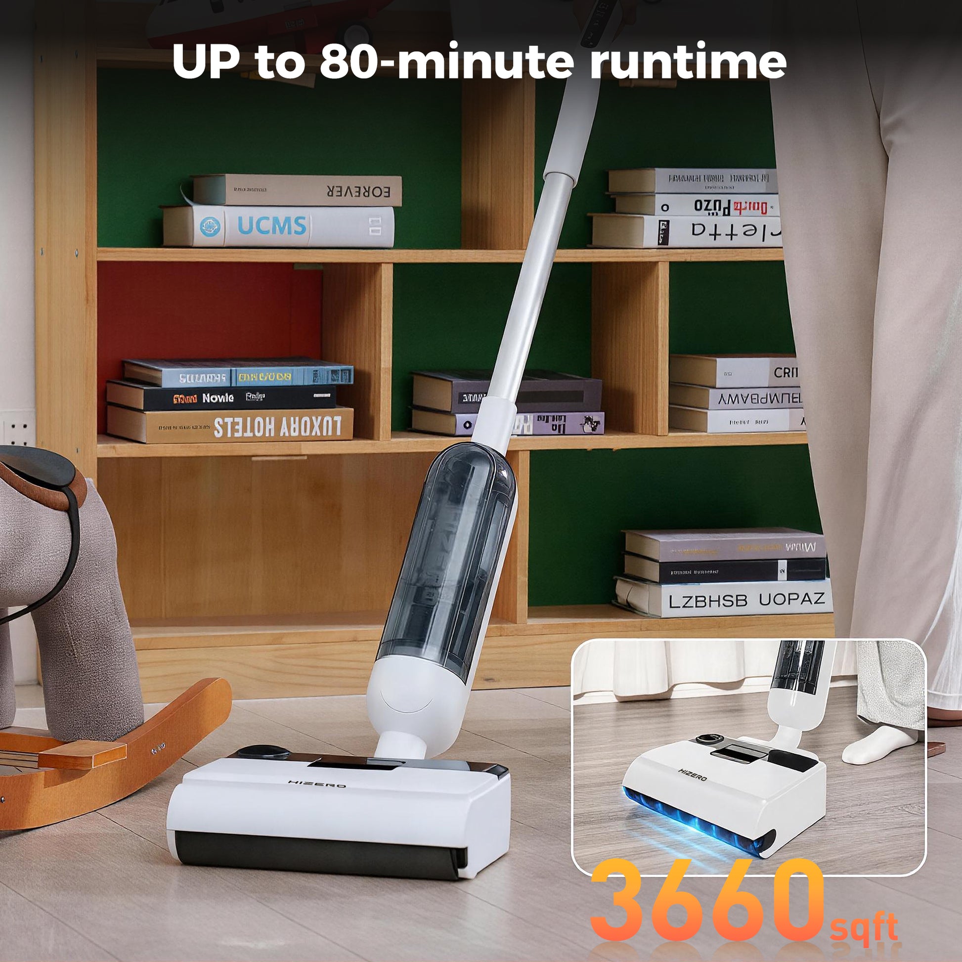 A cordless stick vacuum cleaner with a white and black body and a transparent dust bin, shown being used in a home setting with a wooden bookshelf and a child's legs visible. Text overlays read 'UP to 80-minute runtime' and '3660 sqft'.