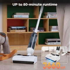 A cordless stick vacuum cleaner with a white and black body and a transparent dust bin, shown being used in a home setting with a wooden bookshelf and a child's legs visible. Text overlays read 'UP to 80-minute runtime' and '3660 sqft'.