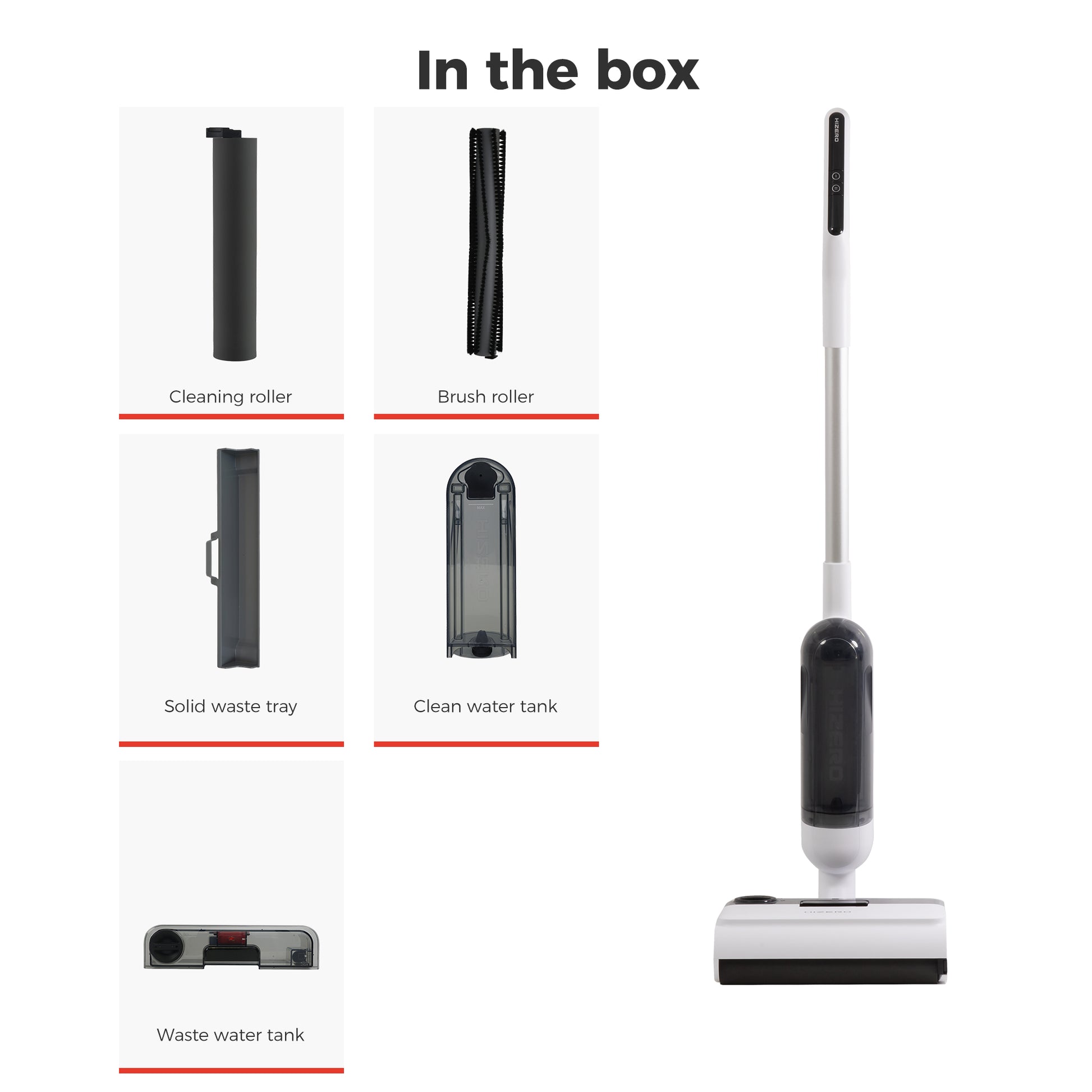 In the box layout showing a cordless stick hard floor cleaner alongside its included parts: cleaning roller, brush roller, solid waste tray, clean water tank, and waste water tank, on a white background.