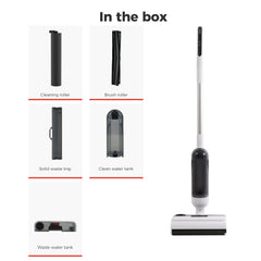 In the box layout showing a cordless stick hard floor cleaner alongside its included parts: cleaning roller, brush roller, solid waste tray, clean water tank, and waste water tank, on a white background.