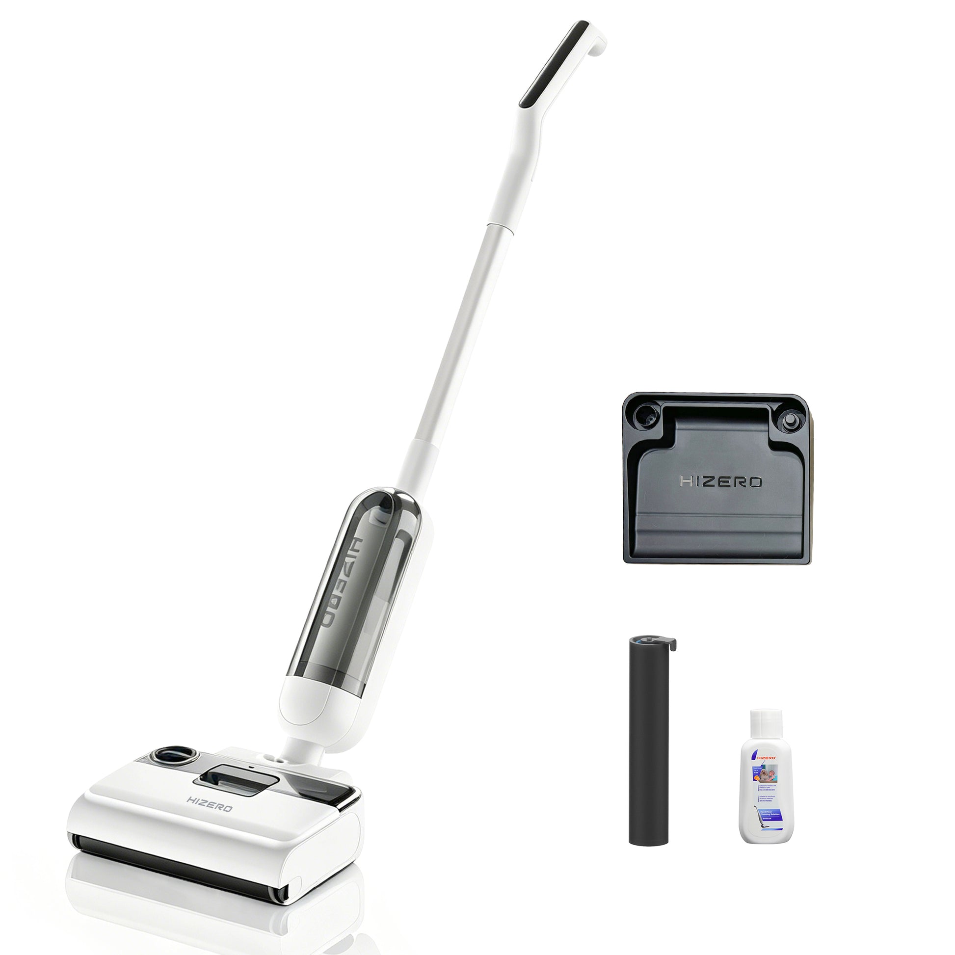 A white and silver wet vacuum cleaner shown with its accessories on a clean white background, including a floor head, handle, charging dock, cleaning brush, and a small bottle of liquid.
